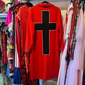 Le Cruz Red Trenchcoat with Back Black Cross Design- Unisex